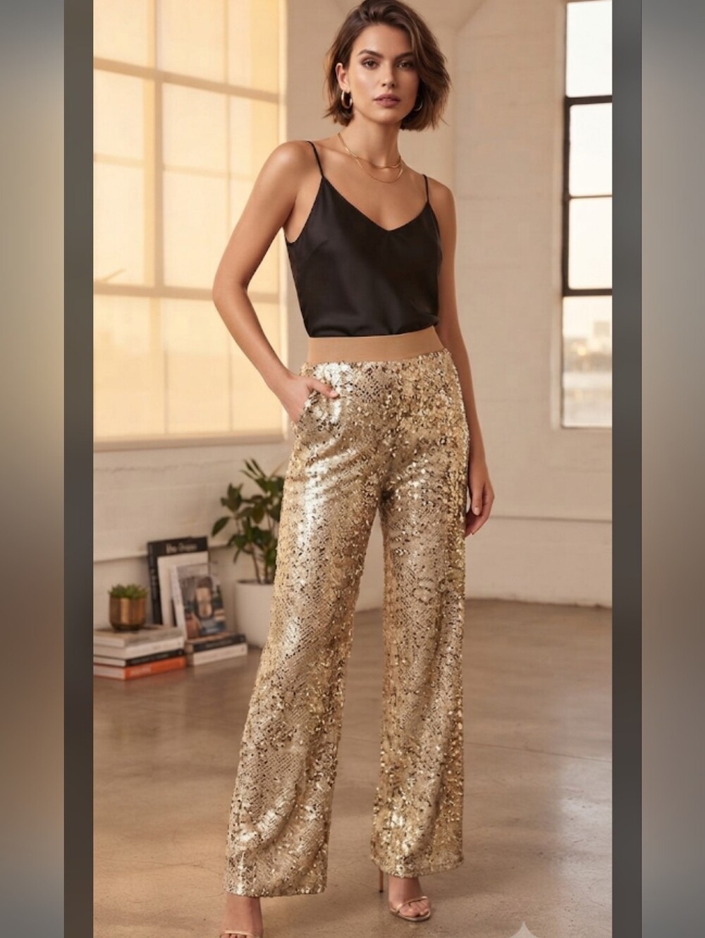 JLUXLABEL Gold Sequin Wide-Leg Pants Waist 14"